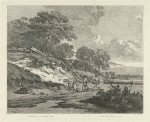 Duinlandschap met rustende jagers door F.W. Musculus