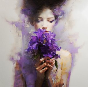 Een mooie vrouw draagt abstracte paarse bloemen, muurkunst | canvasafdrukken door F. Abderrahim