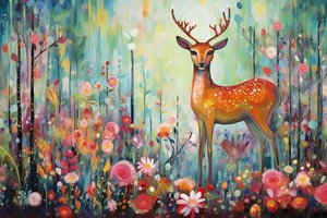 Een hert in de natuur en bloemen, heldere kleuren