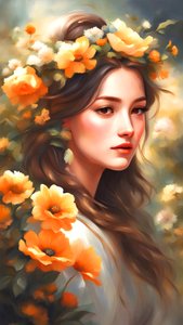 Een vrouw versierd met bloemen in een mooi landschap door F. Abderrahim