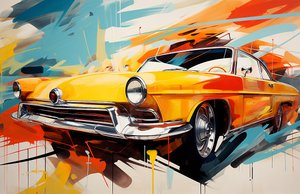 Abstracte oude Amerikaanse auto schilderij, de jaren 70 & 60, muurkunst print door F. Abderrahim