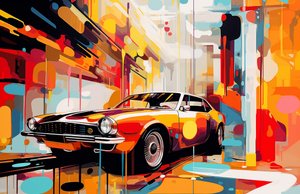 Abstracte oude Amerikaanse auto schilderij, jongvolwassen kamer decor, muurkunst prints door F. Abderrahim