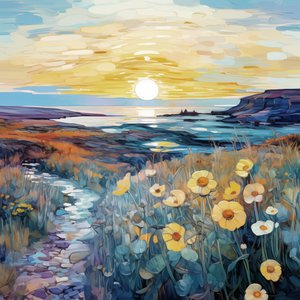 Abstracte paarse bloemen in zonsopgang landschap