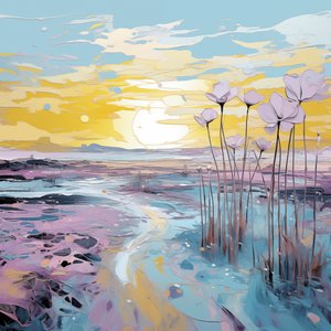 Abstracte paarse bloemen in zonsondergang landschap