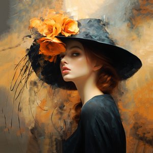 Abstract schilderij van mooie vrouw met bloemenhoed
