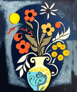 Abstract impressionistisch schilderij van bloemen in een vaas door F. Abderrahim
