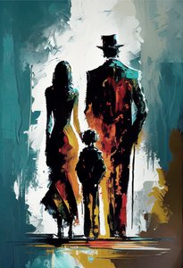 Abstract impressionistisch schilderij van een familie die op straat loopt