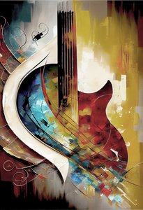 Abstracte muziek olieverfschilderij: gitaar dikke penseelstreken canvas kunstafdrukken door F. Abderrahim
