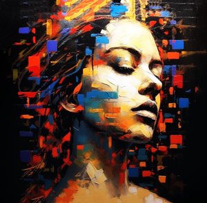 Abstract schilderij vrouwelijk portret profiel zwarte achtergrond, muurkunst | canvasafdrukken door F. Abderrahim