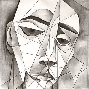 Abstract primitieve potloodtekening die een melancholisch gezicht portretteert door F. Abderrahim