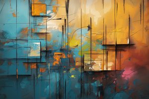 Acryl schilderij op doek, blauw, oranje en geel