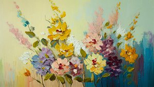 Antieke bloemen in vaas, abstracte bloemen op canvas
