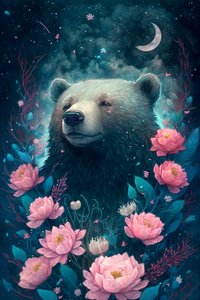 Beer in een fantasiedroomscène omringd door bloemen, ingelijste posters afdrukken door F. Abderrahim
