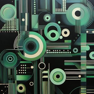 Complex geometrisch schilderij op donkere zwarte achtergrond, fijne kunstafdrukken