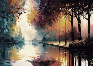Expressief schilderij van een tuin met een stroom in de herfst
