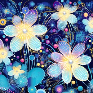 Bloemmotiefpatroon in blauw, yayoi kusama-stijl, fijne kunstafdrukken online