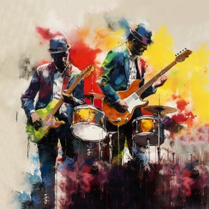 Rock- en jazzmuzikantenband speelt gitaar, penseelschilderij, muurkunst prints