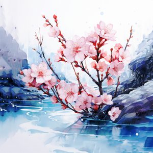 Surrealistisch aquarel schilderij van Japanse kersenbloesems door F. Abderrahim