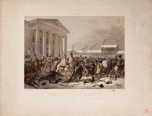 Terugtrekkend Frans leger op het Stadhuisplein van Vilna, gegraveerd door Victor Adam en Louis Pierre Alphonse Bichebois, 1812