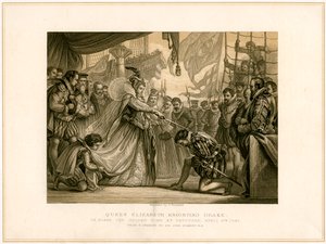 Koningin Elizabeth Ridderschap Drake aan Boord van de Golden Hind, 4 april 1581, 19e eeuw