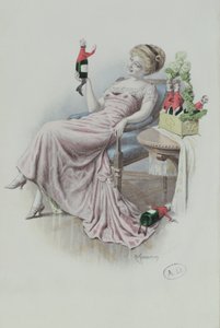 Ansichtkaart met een vrouw met flessen champagne in de vorm van mannen door F. Kuderna