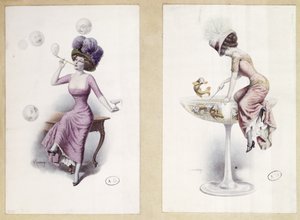 Ansichtkaarten met een vrouw die bellen blaast en vist in een Champagneglas, ca. 1900 door F. Kuderna