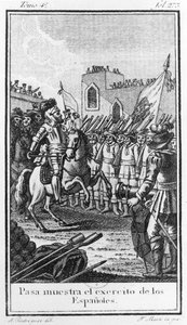 Hernando Cortes (1485-1547) inspecteert zijn troepen, gegraveerd door Antonio Rodriquez