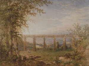 Een Bakstenen en Houten Spoorwegviaduct met Stoomtrein, 1849