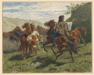 Hongaarse ruiter drijft een aantal paarden naar de achtergrond