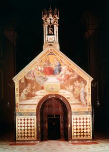 Exterieur van de Porziuncola-kapel met een fresco van St. Franciscus die de Vergiffenis van Assisi ontvangt, 1829; Interieur van Santa Maria degli Angeli door F and Poletti Overbeck