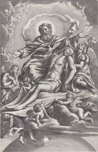 De Heilige Drie-eenheid, met de dode Christus in het midden omringd door engelen, God de Vader