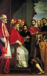 Michelangelo presenteert model van gebouw van Rota-rechtbank in Giulia-straat aan paus Julius III