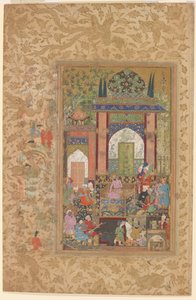 Babur ontvangt een hoveling, ca. 1580-85 (aquarel  goud op papier) door Farrukh Beg