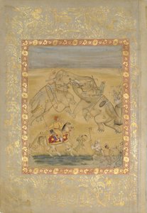 Jahangir kijkt naar een olifantengevecht, ca. 1605 door Farrukh Chela