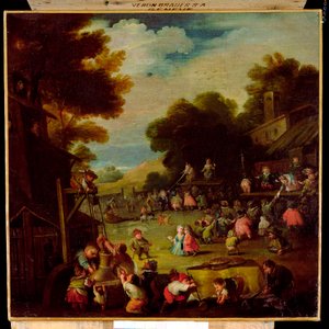 Pygmeeën op een kermis, water halen uit een put op de voorgrond en kijken naar theatervoorstellingen daarachter