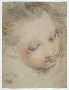 Hoofd van een meisje, studie voor een figuur in het altaarstuk Madonna del Popolo in de Uffizi door Federico Barocci