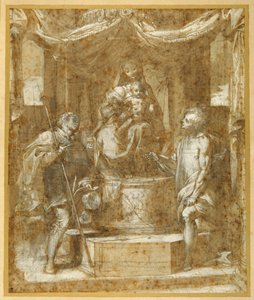 De Maagd en het Kind op een troon onder een baldakijn, met St. Rochus en St. Sebastiaan door Federico Fiori Barocci or Baroccio