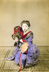 Geisha speelt de tsuzumi, Japan, 1882
