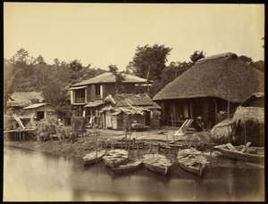 Japans huisje aan de kreek Yokohama door Felice Beato