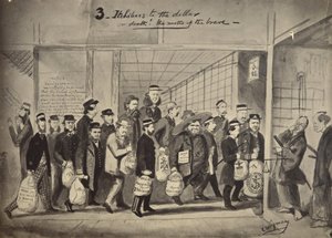 Fotografische kopie van een tekening door Charles Wirgman met de titel, 3 Itchiboos to the Dollar or Dea door Felice Beato