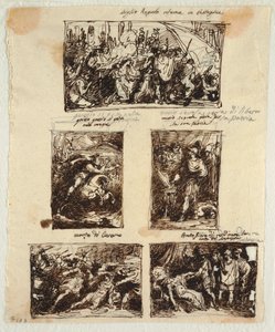 Ontwerp voor Verschillende Decoraties inclusief Coriolanus bij de Muren van Rome