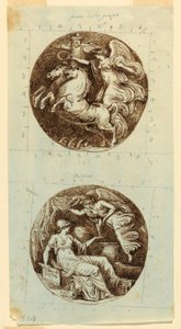 Tekening, Een gevleugelde overwinning op een strijdwagen; Een gevleugelde overwinning die Minerva kroont; twee rondellen, ca. 1805 door Felice Giani