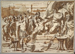 Tekening, Caius Mucius Scaevola en Porsena, 1800-1820 door Felice Giani