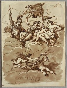 Minerva, Mercurius, Juno en Venus op wolken, studie naar Marcantonio Franceschini