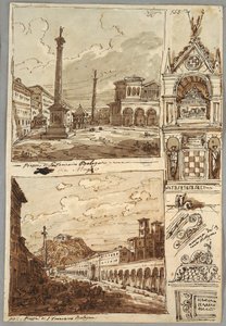 Piazza San Domenico in Bologna; Piazza San Francesco en Villa Aldini in Bologna; Studie van het graf van Glossatori