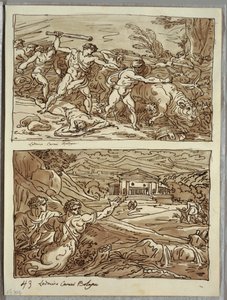 Remus verjaagt en doodt de rovers van de kuddes; Heiligdom voor de vluchtelingen op de Campidoglio, twee studies naar Carracci door Felice Giani