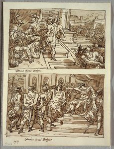 Remus Doodt Koning Amulius; Remus Geleid in Ketenen voor Koning Amulius; Twee Studies naar Carracci door Felice Giani