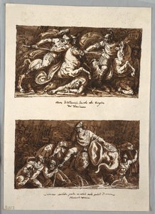 Schetsboekpagina: Dood van Flaminius in de slag bij Trasimeno; Annabelle verliest een oog in de moerassen van Fiano, Toscane door Felice Giani