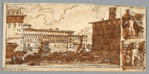 Schetsboekpagina, Folio 57: Studie na Piazza Emmanuelle in Bologna; Verso, architectonisch detail door Felice Giani