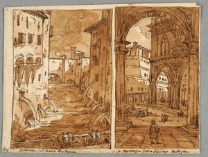 Schetsboekpagina, folio 64: Studie naar Bolognese architectuur en beeldhouwkunst; verso: geometrische ontwerpen